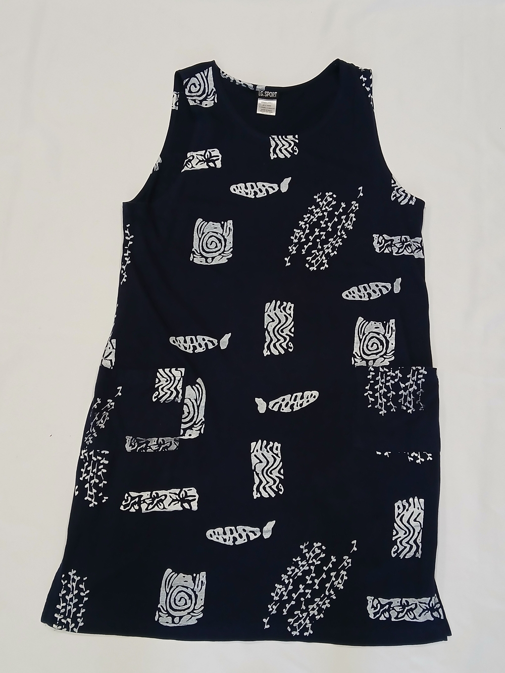 I.G. Sport Womens XL Dress Dark Navy Blue W/ Pockets White Abstract Fish Print